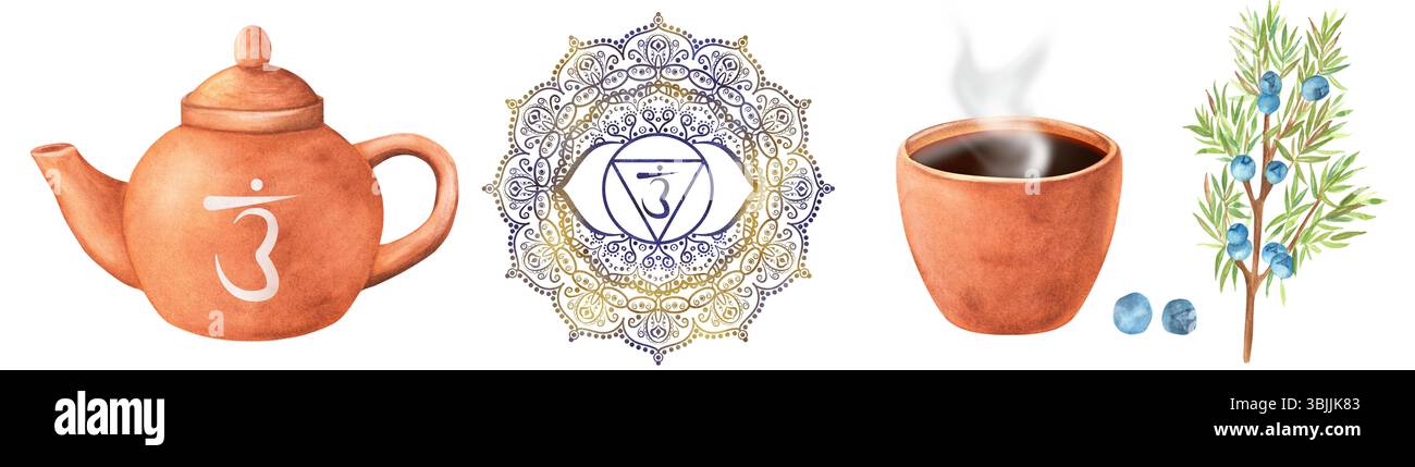 Ein Bündel von Aquarell-Clipart zum Thema Balance-Third-Eye-Chakra. Terrakotta-Teekanne, eine Tasse mit heißem Tee, wacholderzweig, eine goldene Indigo-Ajna-Cha Stockfoto