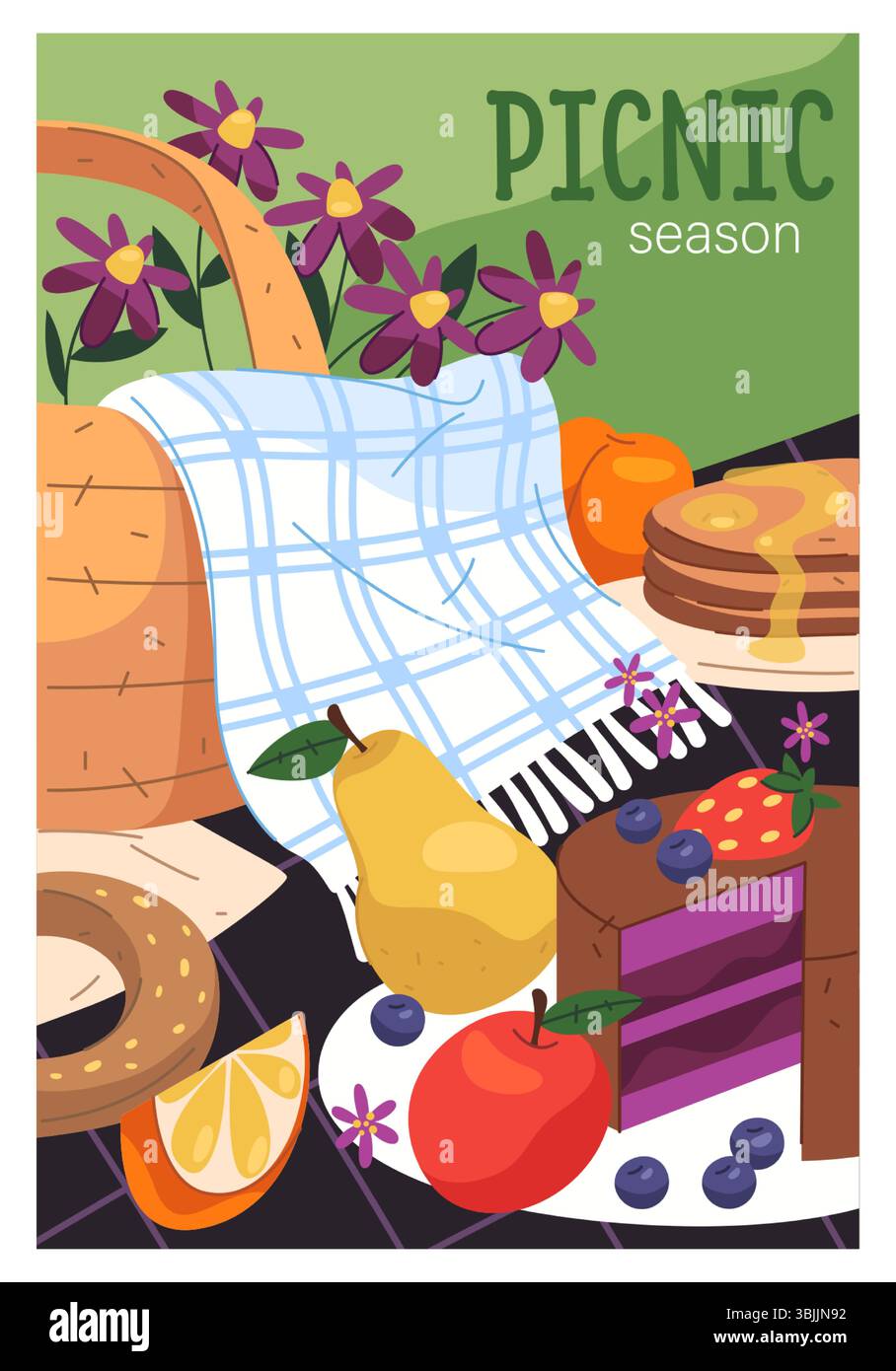 Picknick im Sommer. Vektor-Banner der Decke mit Essen und Trinken im sonnigen Park, Korb. Obst- und Dessertsnack für saisonales Wochenendschild. Karte für Familientreffen im Freien. Mittagessen, Mahlzeit. Stock Vektor