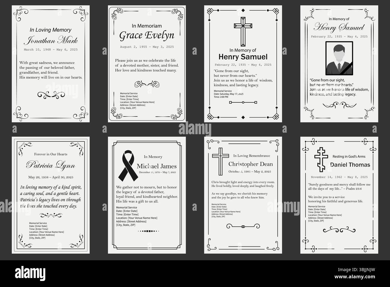 Eine Sammlung eleganter schwarz-weißer Begräbniskarten mit dekorativen Rahmen, religiösen Symbolen und Platzhaltertext. Ideal für Gedenkfeiern, Gedenkprogramme und Nachruf-Ankündigungen. Elegantes Set Mit Vorlagen Für Beerdigungskarten Stock Vektor