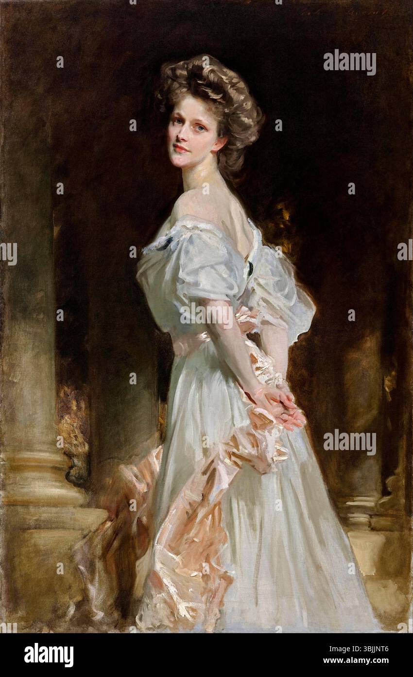 Viscountess Astor 1908 Ölgemälde des US-amerikanischen Künstlers John Singer Sargent (1856–1925), das Nancy Witcher Langhorne in einem weißen Kleid mit rosa Akzenten zeigt, anmutig mit den Händen hinter ihrem Rücken stehend. National Trust, Cliveden / Universal Art Archive Stockfoto