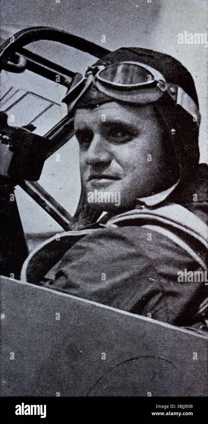Hermann Wurster, der 1937 mit einem speziellen Messerschmitt Bf. 109 Jäger, stellte einen Weltrekord für Landflugzeuge mit einer Durchschnittsgeschwindigkeit von 379,64 km/h auf. Aus einer Serie von Zigarettenkarten namens The Kings of Speed, die 1939 vom Tabakhersteller W. A. & A. C. Churchman veröffentlicht wurden. Stockfoto