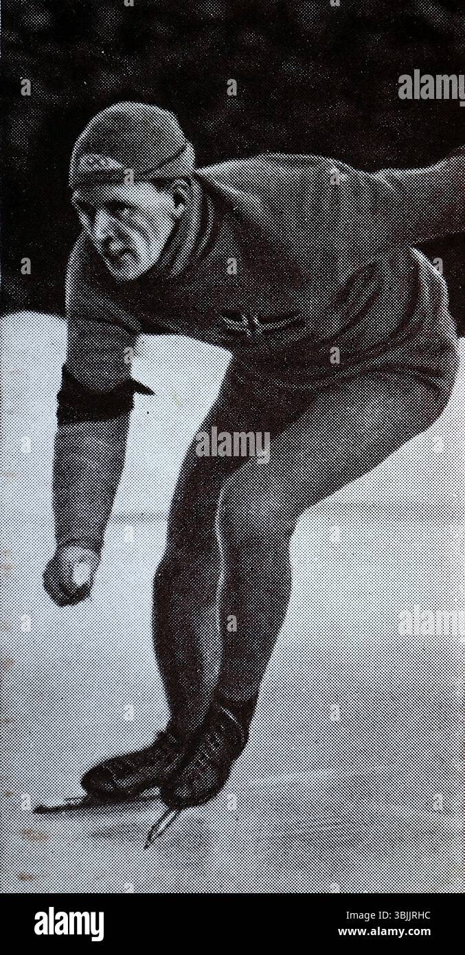 Hans Egnestangen war ein Norweger, der 1939 in Davos einen neuen Geschwindigkeitsweltrekord über 500 Meter auf Eis aufstellte. Aus einer Serie von Zigarettenkarten namens The Kings of Speed, die 1939 vom Tabakhersteller W. A. & A. C. Churchman veröffentlicht wurden. Stockfoto
