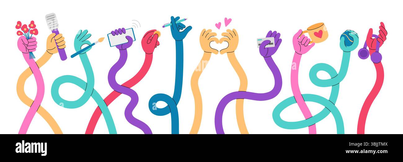 Flexible gestreckte Hände. Lange Hand mit Smartphone, Blumen, Stift, Kreditkarte. Gesten in verschiedenen Farben, geschwungene Arme, neoterische Comics Stock Vektor