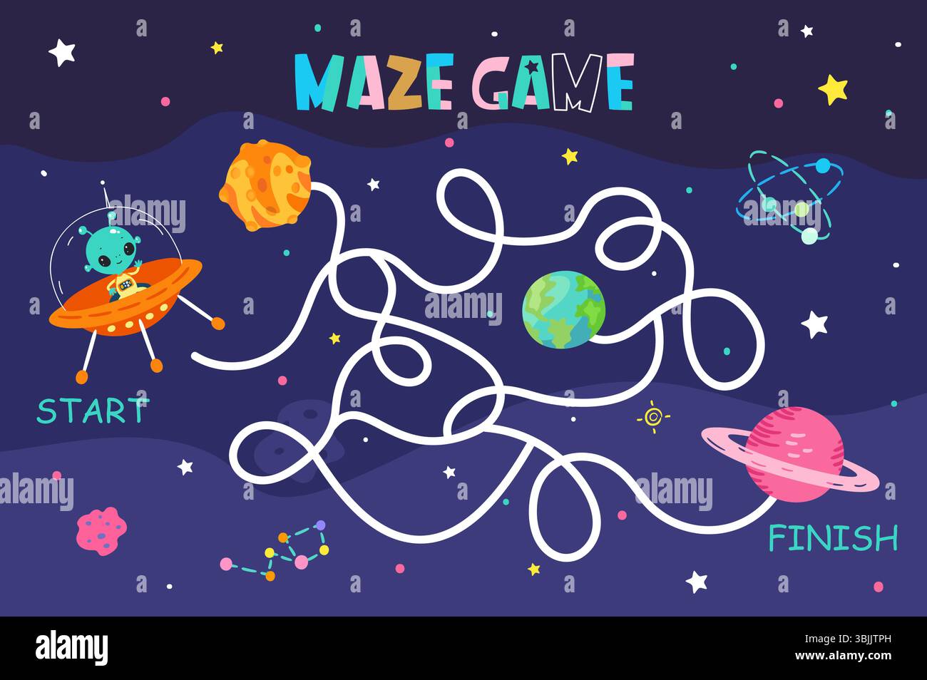 Alien Labyrinth Spiel. Hilf Ufopersonen im Raumschiff, den richtigen Weg zum Heimatplaneten zu finden. Vorschulkinder Bildungsentwicklungsspiel, heute Vektorraum Stock Vektor