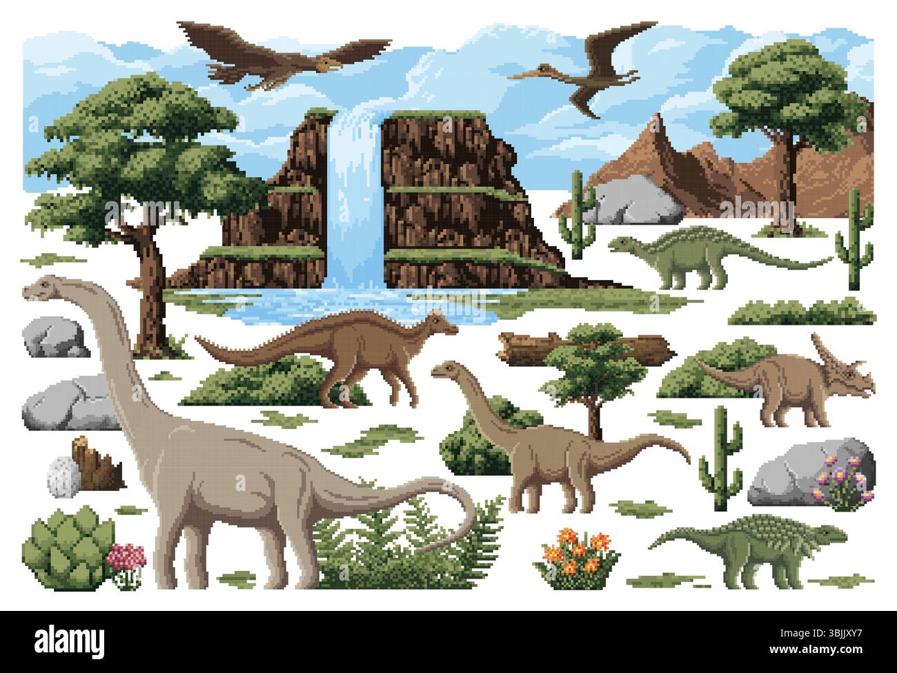 8-Bit-prähistorische Dinosaurier mit jurassischen Naturlandschaftselementen. Vektor-Pixel-Kunst Brontosaurus, triceratops, Pterodactyl und Nodosaurus Dinosaurier, Dino Baby Ei, Wasserfall und Berge Stock Vektor