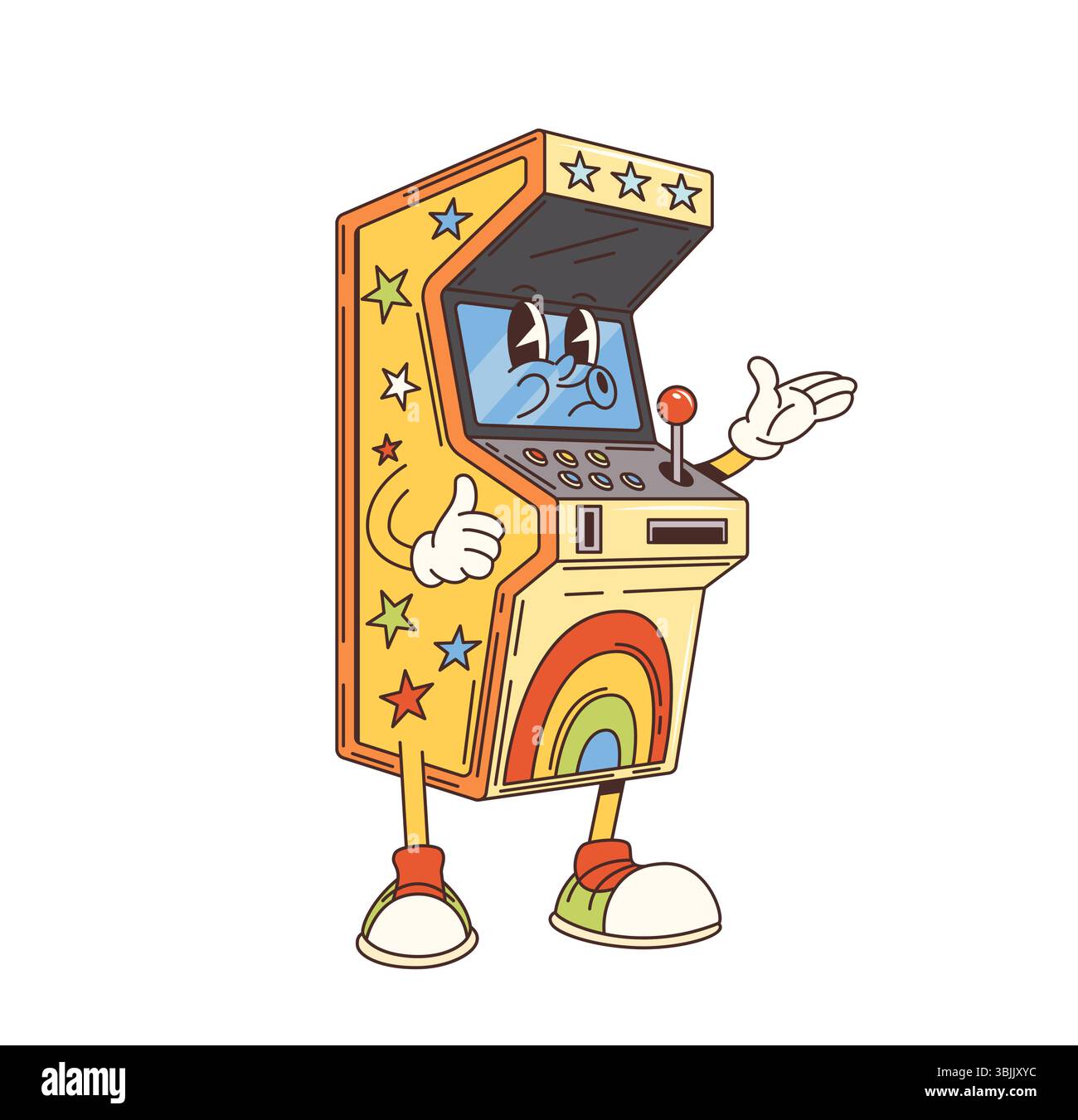 Grooviger Spielautomat-Charakter. Las Vegas Casino Glücksspiel und Geld Wetten Spiel, ein bewaffneter Bandit Spielautomat funky Vektor Persönlichkeit. Retro-Arcade-Tischschrank mit Joystick und Münzfach Stock Vektor