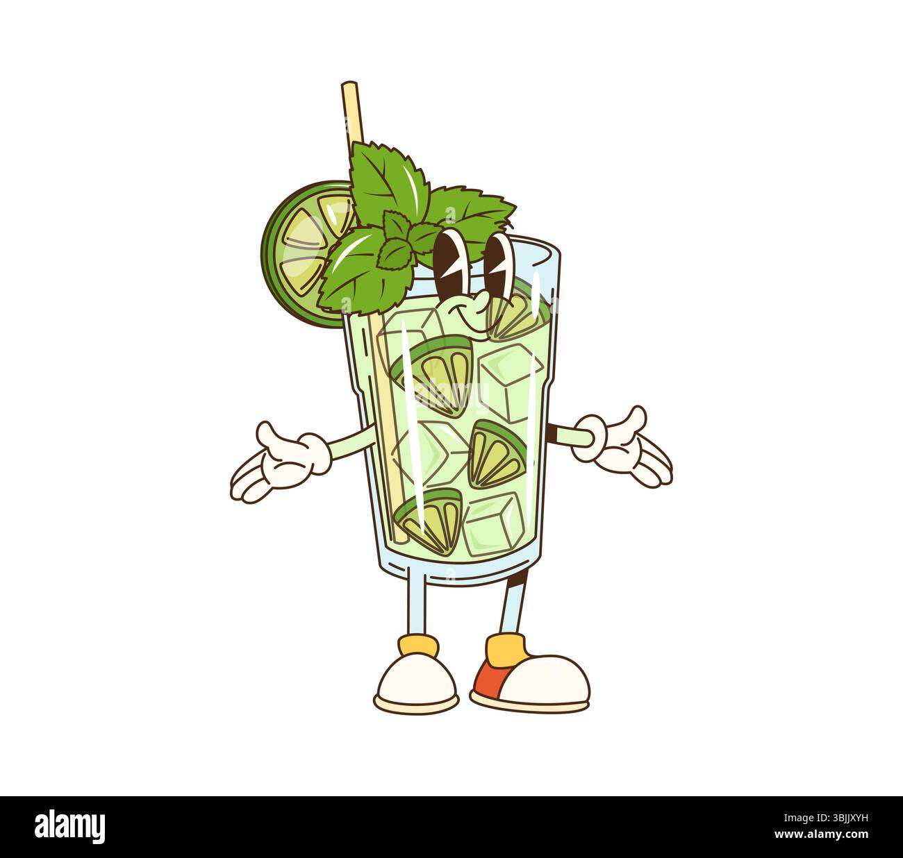 Cartoon-groovige Mojito-Glasfigur. Erfrischendes Sommergetränk, leckere Limonade-Funky-Retro-Persönlichkeit. Mojito-Getränkeglas mit Pfefferminzblättern, Zitrone, Stroh und Eiswürfeln grooviger Vektorcharakter Stock Vektor