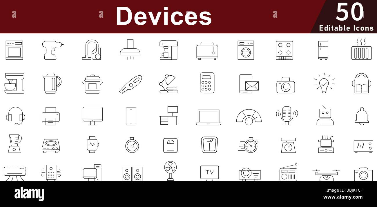 Symbolsatz für elektronische Geräte – 50 editierbare Technologie-Gadget-Symbole für Smart Home, mobile Apps und digitale Geräte Vektorpaket Stock Vektor