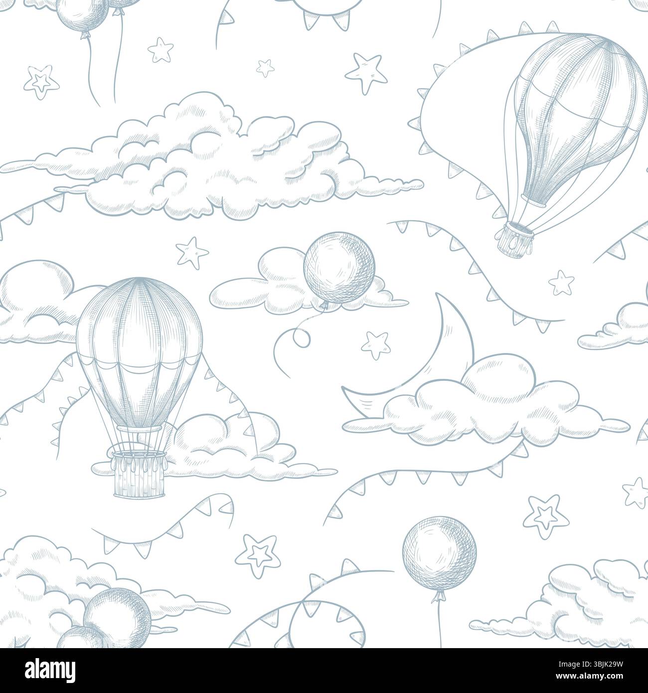 Nahtloses Vektormuster mit handgezeichneten Heißluftballons, Wolken und Sternen im linearen Stil. Umrisszeichnung des Hintergrunds mit schwimmenden Aerostaten und Girlande für Kindertagetapeten oder kindliches Textil Stock Vektor