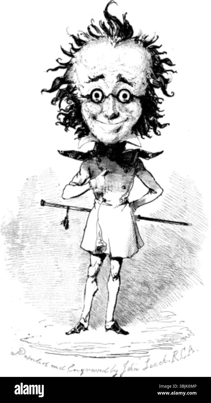 John Leech (1817–1864) schuf eine Selbstkarikatur für das Frontispiece seiner Comic Latin Grammar von 1840. Die Illustration zeigt auf humorvolle Weise Leechs eigenes Bild, spiegelt den komödiantischen Ton seiner Arbeit wider und betont gleichzeitig seinen spielerischen Ansatz zur Erziehung. Stockfoto