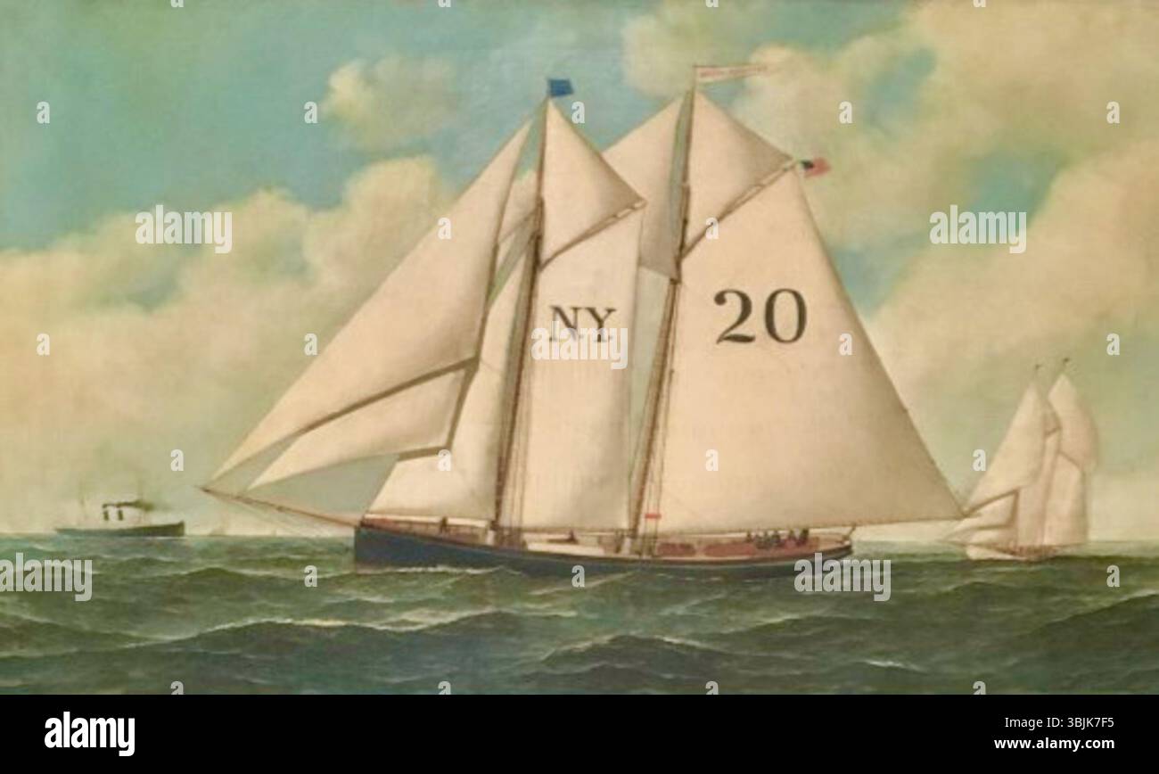 Antonio Jacobsen (1850–1921) malte das „Pilot Boat Joseph Pulitzer, No. 20“ um 1895. Das Ölgemälde zeigt ein Pilotboot namens Joseph Pulitzer aus dem späten 19. Jahrhundert. Stockfoto