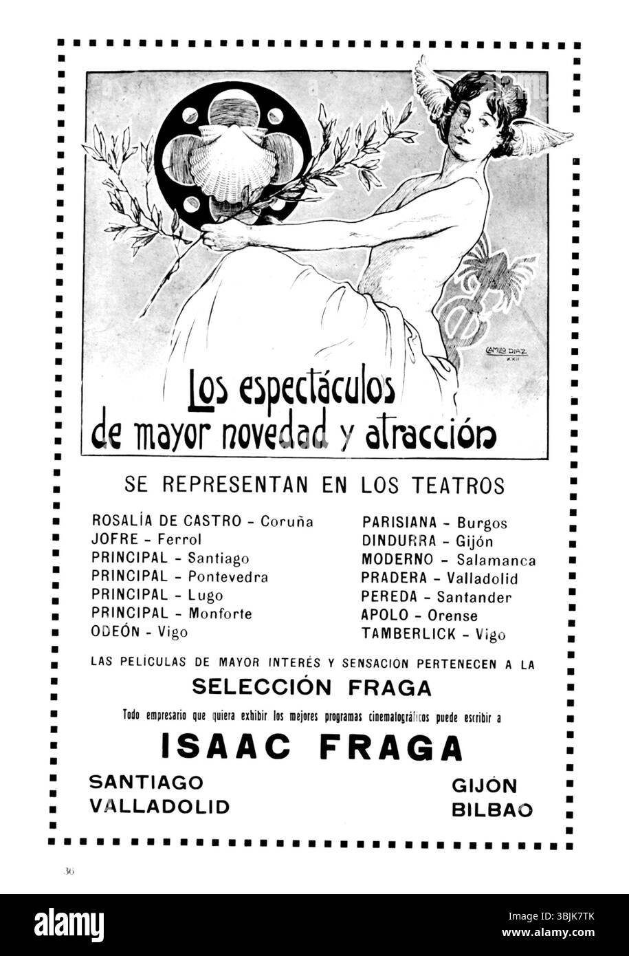 „Catálogo de Vigo a través de un siglo“ (Katalog von Vigo durch ein Jahrhundert) von Camilo Díaz Baliño, 1922, zeigt eine Werbeillustration von Isaac Fraga. Das Kunstwerk fängt die Atmosphäre der Stadt Vigo ein und fördert ein lokales Geschäft, indem es künstlerische Stile mit kommerziellen Absichten verbindet. Stockfoto
