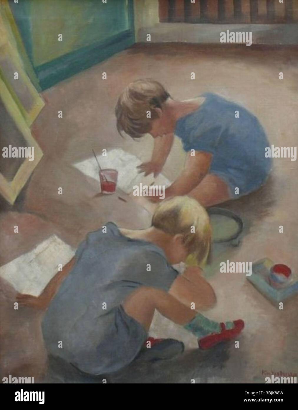 „Spielende Kinder“ von Kasia von Szadurska (1886–1942) aus dem Jahr 1926 zeigt Kinder, die in einem Künstleratelier auf dem Boden spielen. Die Kinder sind wahrscheinlich Szadurskas eigene Söhne, die intime, familiäre Szenen im Werk des Künstlers widerspiegeln. Stockfoto