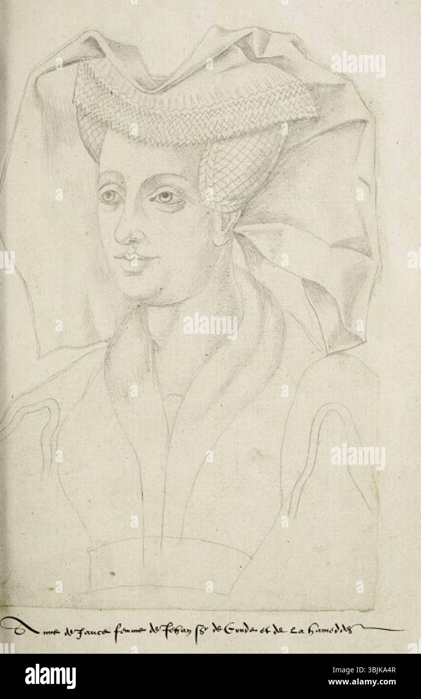 Das um 1570 entstandene Porträt von Jacques Le Boucq zeigt Anne de Jauche, die Ehefrau von John IV. De La Hamaide. Das Gemälde ist Teil der Porträtsammlung Receuil d’Arras aus dem 16. Jahrhundert. Stockfoto