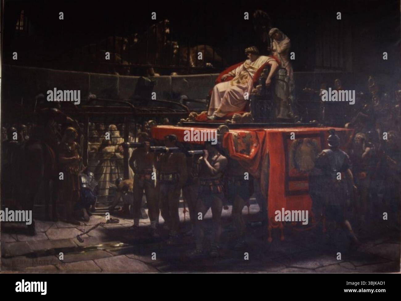 Henri-Paul Mottes Gemälde „Motte Cesar s’ennuie“ (1880) zeigt einen gelangweilten römischen Kaiser Nero, der in einem Palanquin getragen wird und christliche Gefangene anstarrt, die vor den Löwen in der Arena geworfen werden. Das Kunstwerk veranschaulicht die Gleichgültigkeit des Kaisers gegenüber dem Leiden. Stockfoto