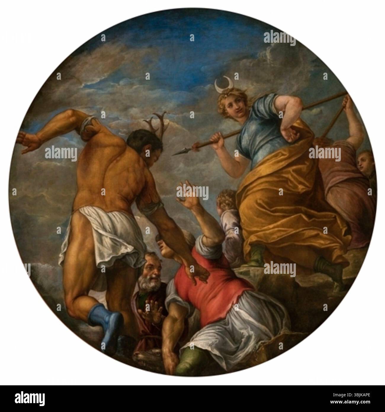Ölgemälde von Battista Franco Veneziano aus den Jahren 1556–1557 mit einer Jagdszene mit Diana und Actaeon, einschließlich Hunden, Netzen und Jagdausrüstung. Das Hotel befindet sich in der Biblioteca Marciana, Venedig. Stockfoto