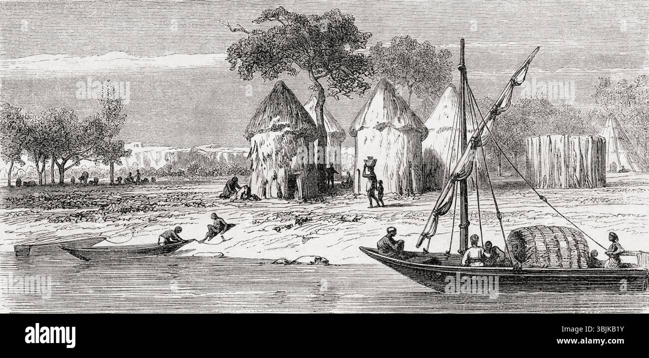 Neur Village am Ufer des Flusses Gazelle, alias Al-Ghazāl, Bahr el-Ghazal, Südsudan, Ostafrika, 19. Jahrhundert. Von der Reise zum Fluss Gazelles, alias Al-Ghazāl Fluss, Bahr el-Ghazal, Südsudan, Ostafrika von A. Bolognesi, 1856-1857. In Le Tour du Monde, veröffentlicht 1862. Stockfoto