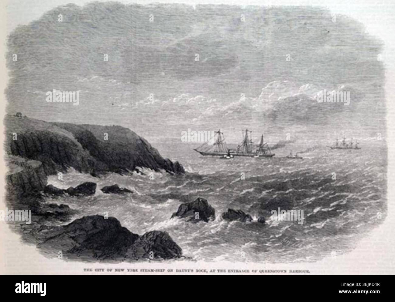 Frederick James Smyths Illustration von 1864 zeigt das Dampfschiff New York, das auf Daunt’s Rock in der Nähe von Queenstown Harbour gestrandet ist. Die Arbeit dokumentiert einen maritimen Vorfall und eine Dampfschifftechnologie aus dem 19. Jahrhundert. Stockfoto