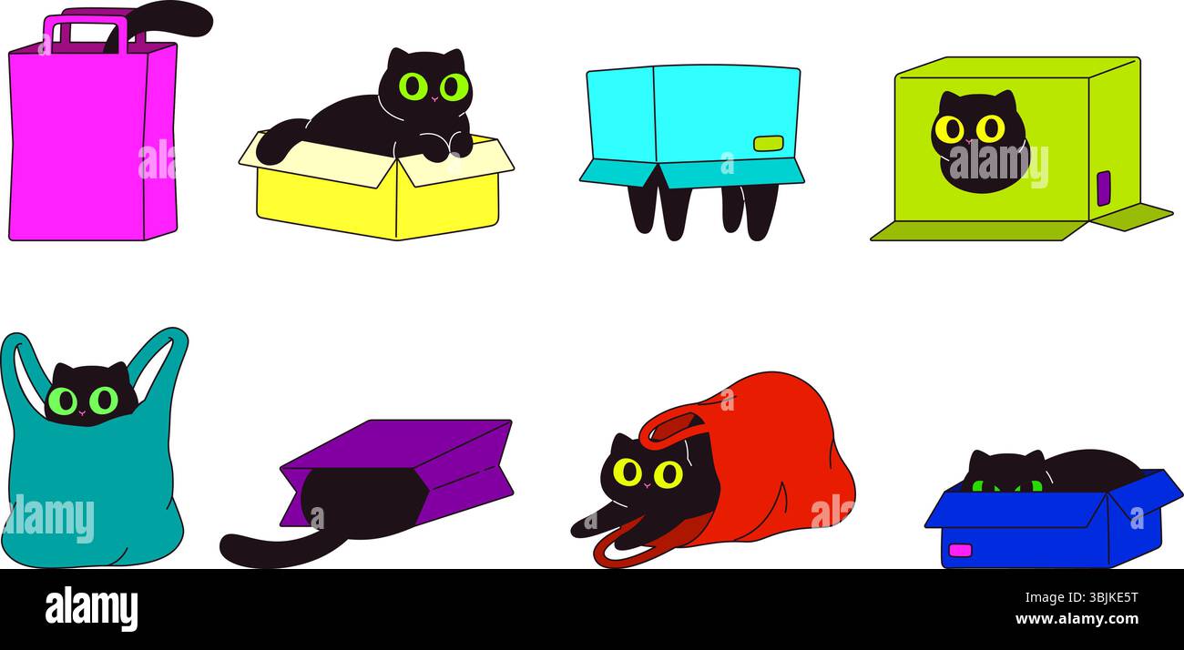 Katzen sitzen in verschiedenen Kisten und Einkaufstaschen. Lustige schwarze Karikatur spielt mit Plastiktüte. Kätzchen, die aus Pappkarton schauen, Vektortiere Stock Vektor