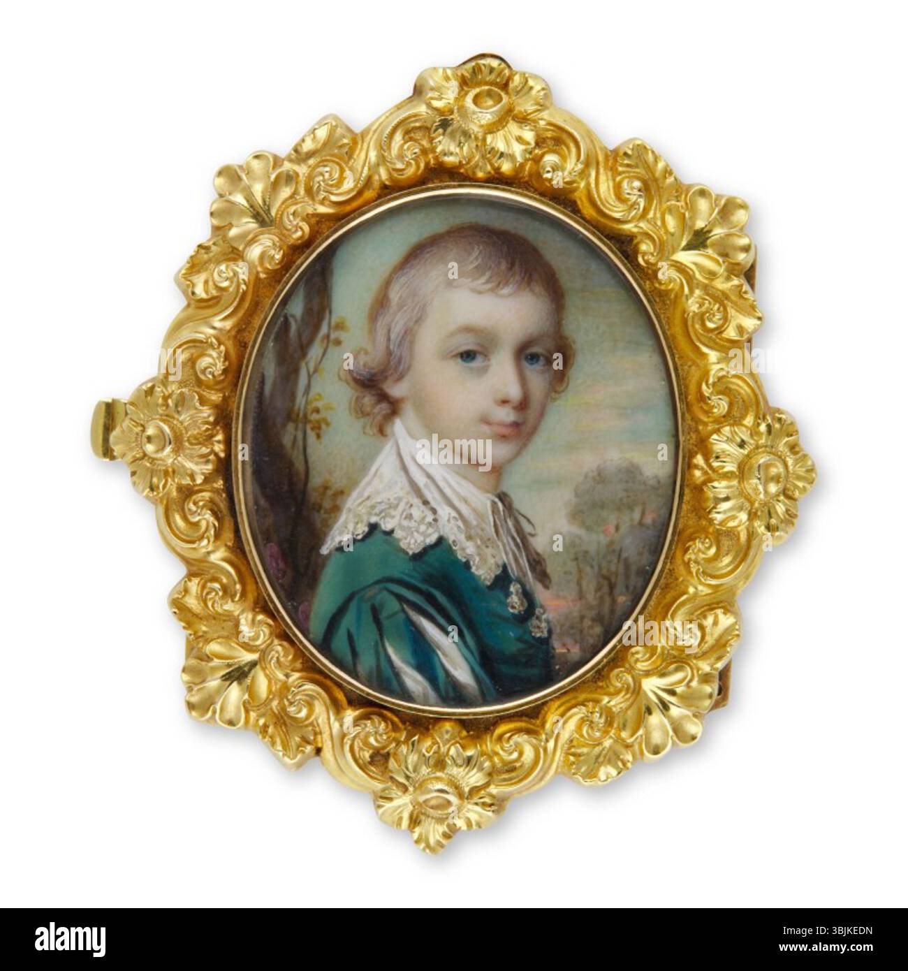 Diese Aquarell- und Körperfarbe von 1770 auf Elfenbeinporträt wird traditionell einem Mitglied der Familie Courtenay zugeschrieben. Das Kunstwerk zeigt das Kind in detaillierter historischer Kleidung, typisch für britische Porträts aus dem 18. Jahrhundert. Stockfoto