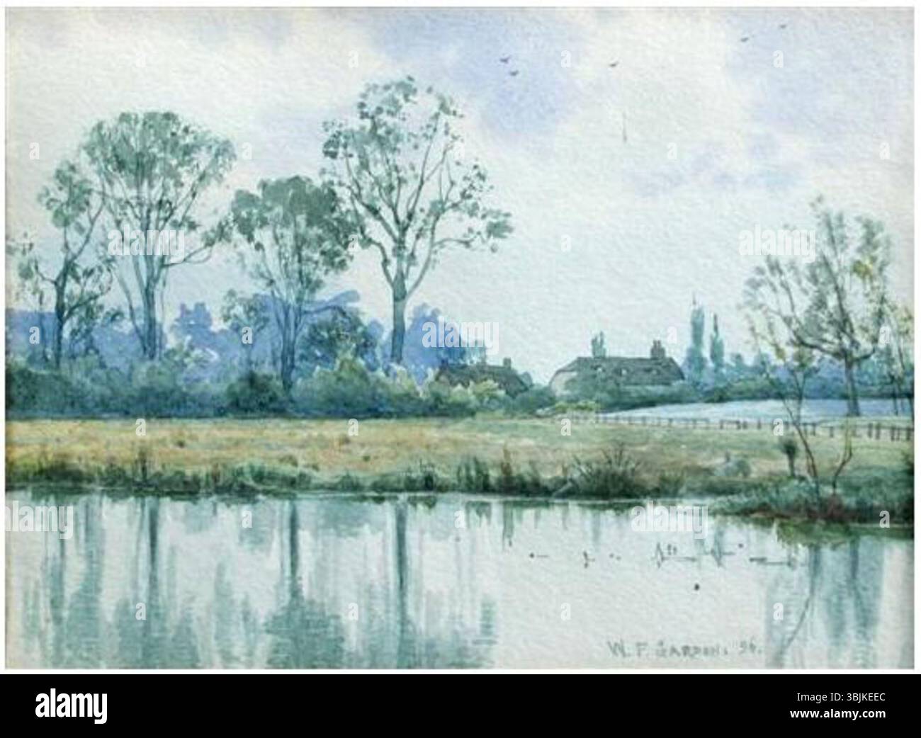 William Fraser Garden stellt 1896 ein Aquarellgemälde dar, das strohgedeckte Hütten entlang des Ouse River darstellt. Das Kunstwerk unterstreicht den ländlichen Charme dieser traditionellen Cottages in einer malerischen Flusslandschaft. Stockfoto