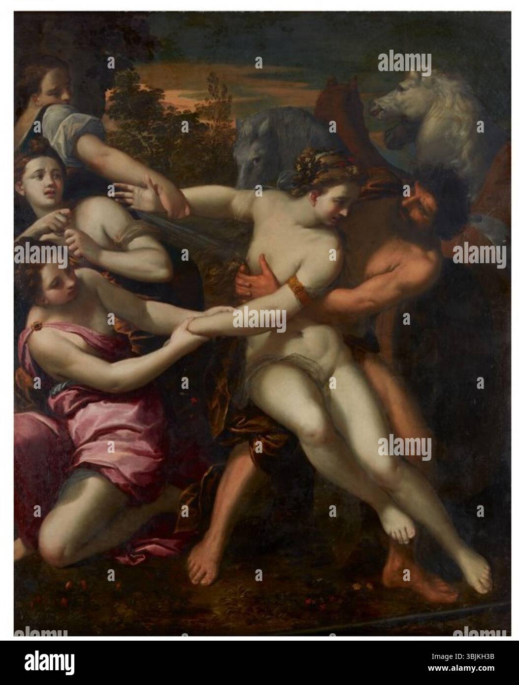 Die Entführung von Persephone von Scarsellino (1551–1620) ist ein Ölgemälde, das die mythologische Geschichte von Persephones Entführung durch Hades darstellt. Die dynamische Komposition fängt den dramatischen Moment des Mythos ein. Stockfoto