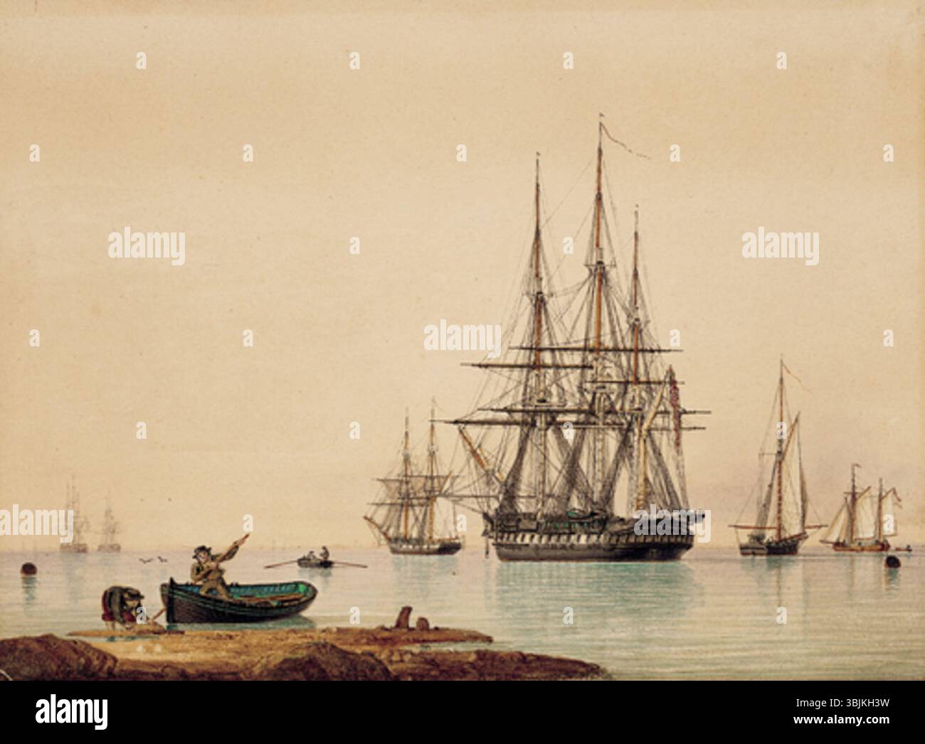 John Wards Studie von 1820 über die H.M.S. rachsüchtige liefert eine Hafenansicht des drittklassigen Schiffes in Portsmouth im Jahr 1813. Die Arbeit mit Stift, Tinte und Aquarell wurde als Studie für zwei Ölgemälde des Künstlers erstellt. Stockfoto