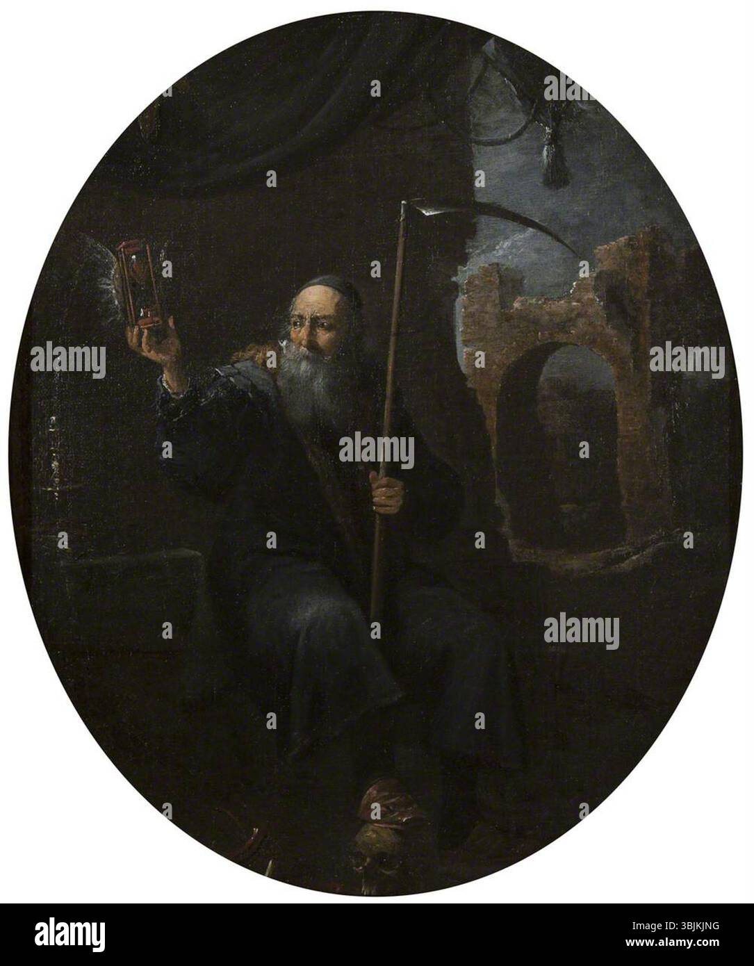 Teniers II, David; Time as an Old man with a Skythe and a Winged Hourglass; National Trust, Kedleston Hall and Eastern Museum; http://www.artuk.org/artworks/time-as-an-old-man-with-a-scythe-and-a-winged-hourglass-172198 Stockfoto