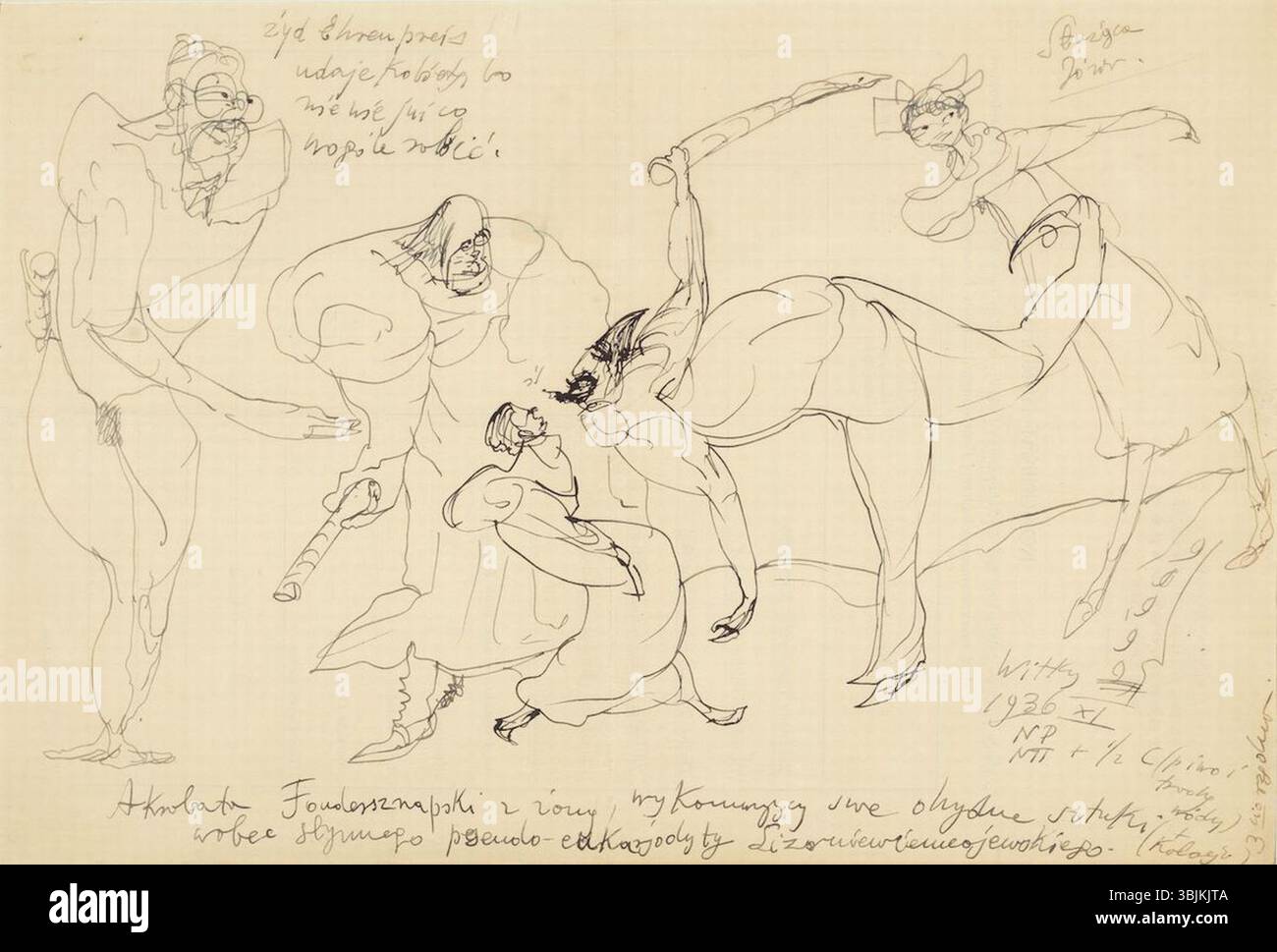 Diese Tuschezeichnung von Stanislaw Ignacy Witkiewicz, erstellt am 9. November 1936, zeigt den akrobaten Fondersznapski mit seiner Frau. Das Kunstwerk zeichnet sich durch seine dramatische Komposition und den ausdrucksstarken Einsatz von Tinte aus. Stockfoto