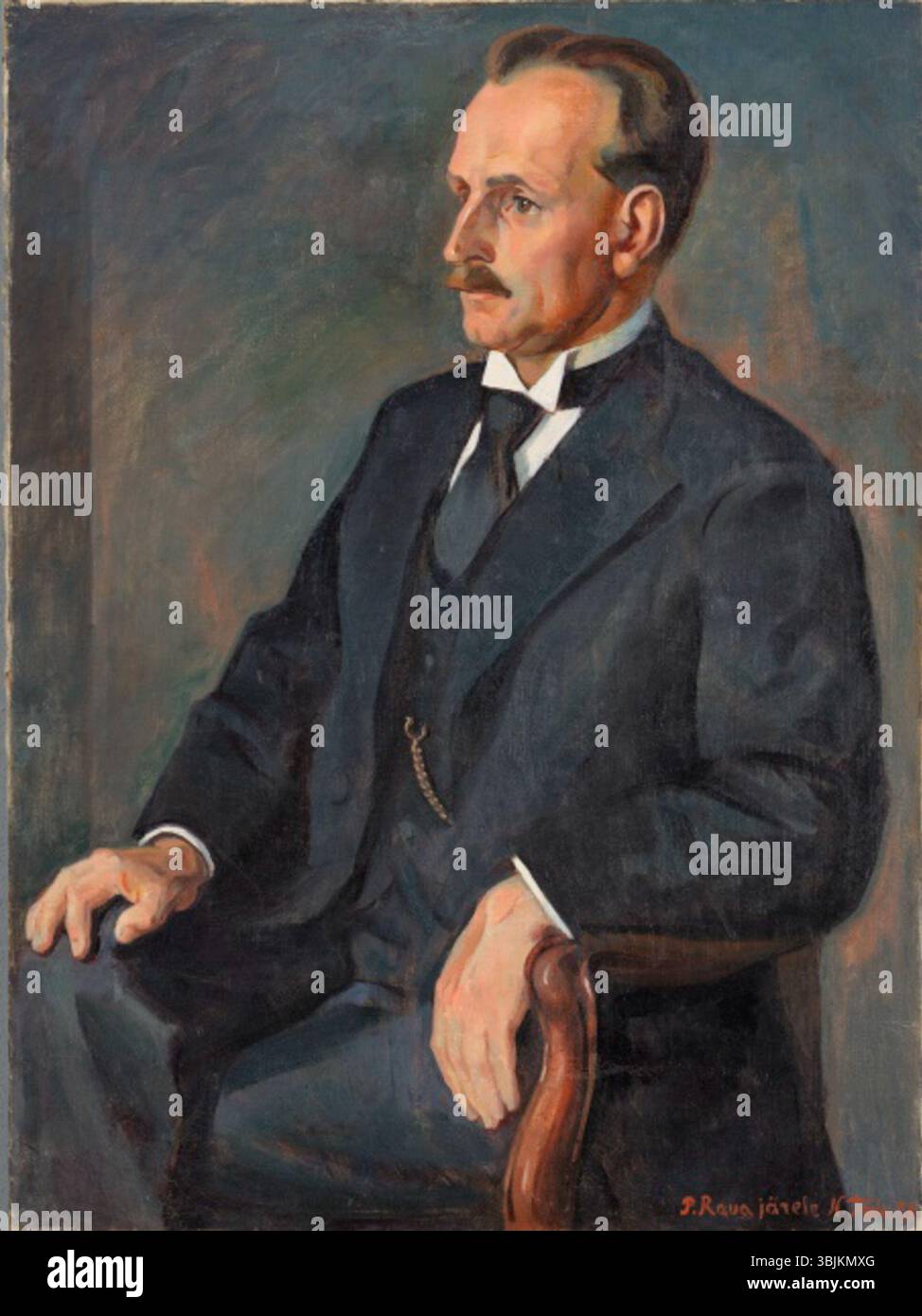 „Peeter Põllu Portree“ (Porträt von Peeter Põllu) von Nikolai Triik (1931) ist ein Öl-auf-Leinwand-Porträt eines Mannes, das seinen Ausdruck und seine Persönlichkeit durch satte, lebendige Farben in den Mittelpunkt stellt. Stockfoto