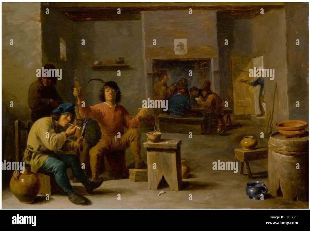 David Teniers der Jüngere „Bauern Rauchen und Trinken in einer Taverne“ (Öl auf Tafel) fängt das ländliche Leben in einer Taverne ein, in der Bauern Freizeitaktivitäten ausüben. Das Gemälde zeigt den Alltag und die Lebensgewohnheiten von Kleinkindern in Flandern des 17. Jahrhunderts. Stockfoto