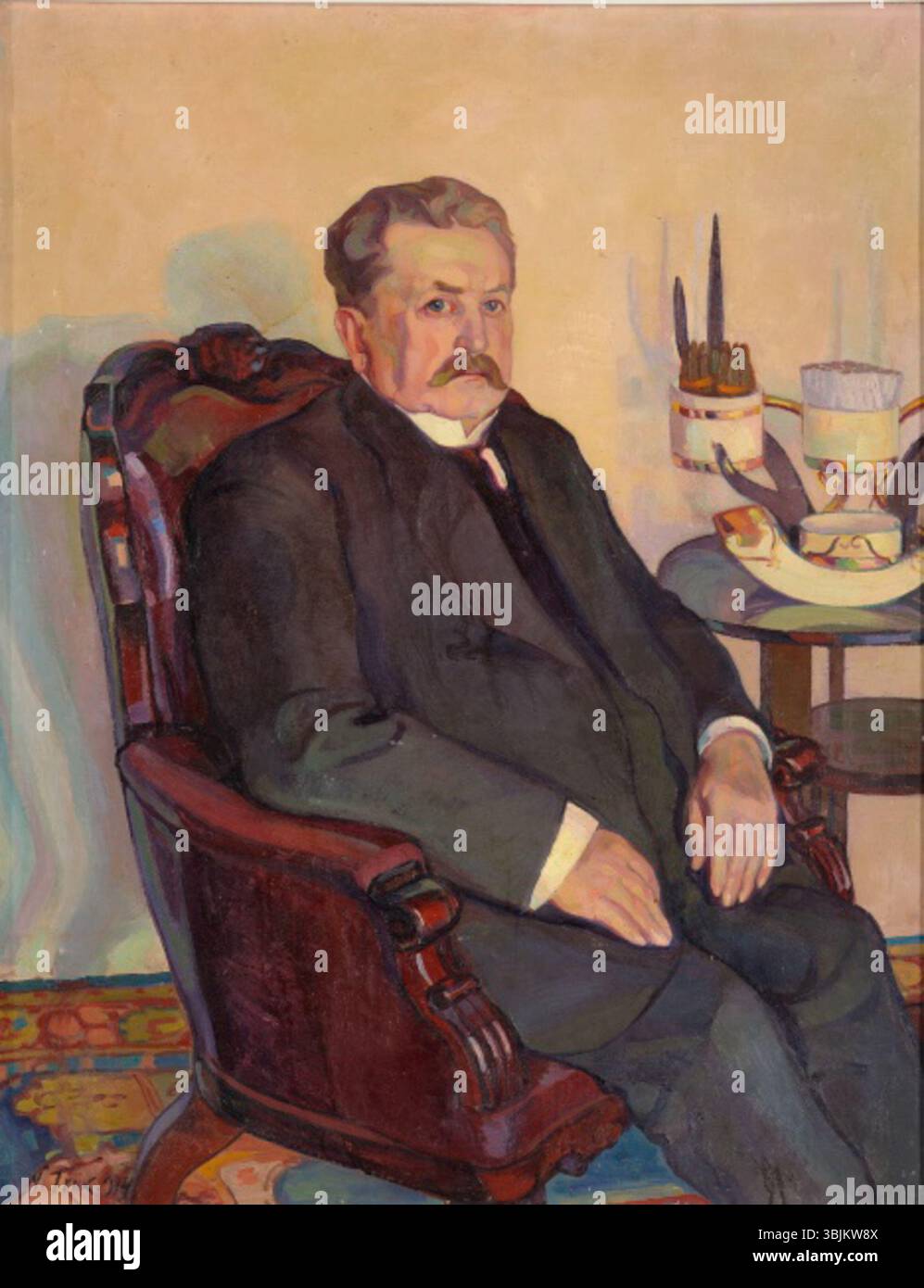 Dieses Öl-auf-Leinwand-Porträt von Nikolai Triik aus dem Jahr 1914 zeigt Grünwald. Das Gemälde betont Gesichtsausdruck, Haltung und traditionelle Porträttechniken. Stockfoto