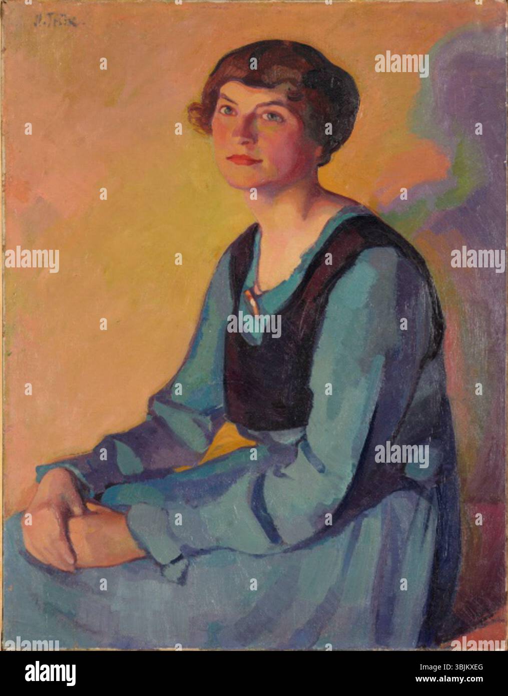 Dieses Porträt von Nikolai Triik zeigt eine in Blau gekleidete Frau, in Öl mit Aufmerksamkeit auf Farbharmonie und Ausdruck dargestellt. Stockfoto