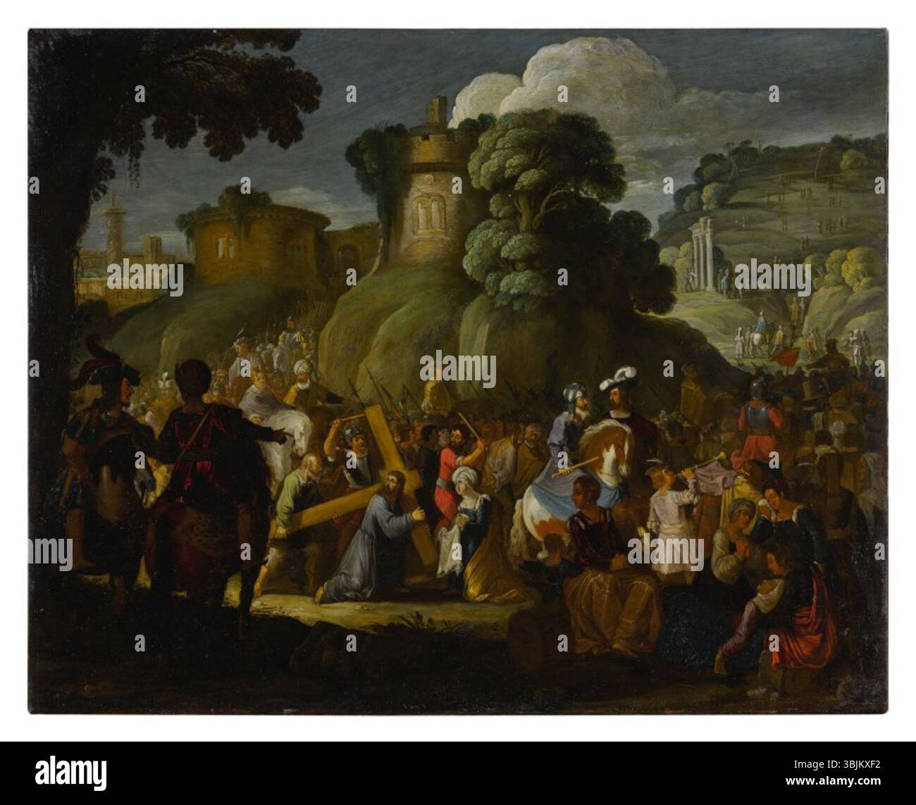 Christ on the Road to Calvary von David Teniers dem Älteren (1582–1649) ist ein Ölgemälde auf Kupfer, das Christi Reise zu seiner Kreuzigung darstellt. Das Gemälde vermittelt die Trauer und Intensität der biblischen Szene mit geschickten Details und Emotionen. Stockfoto