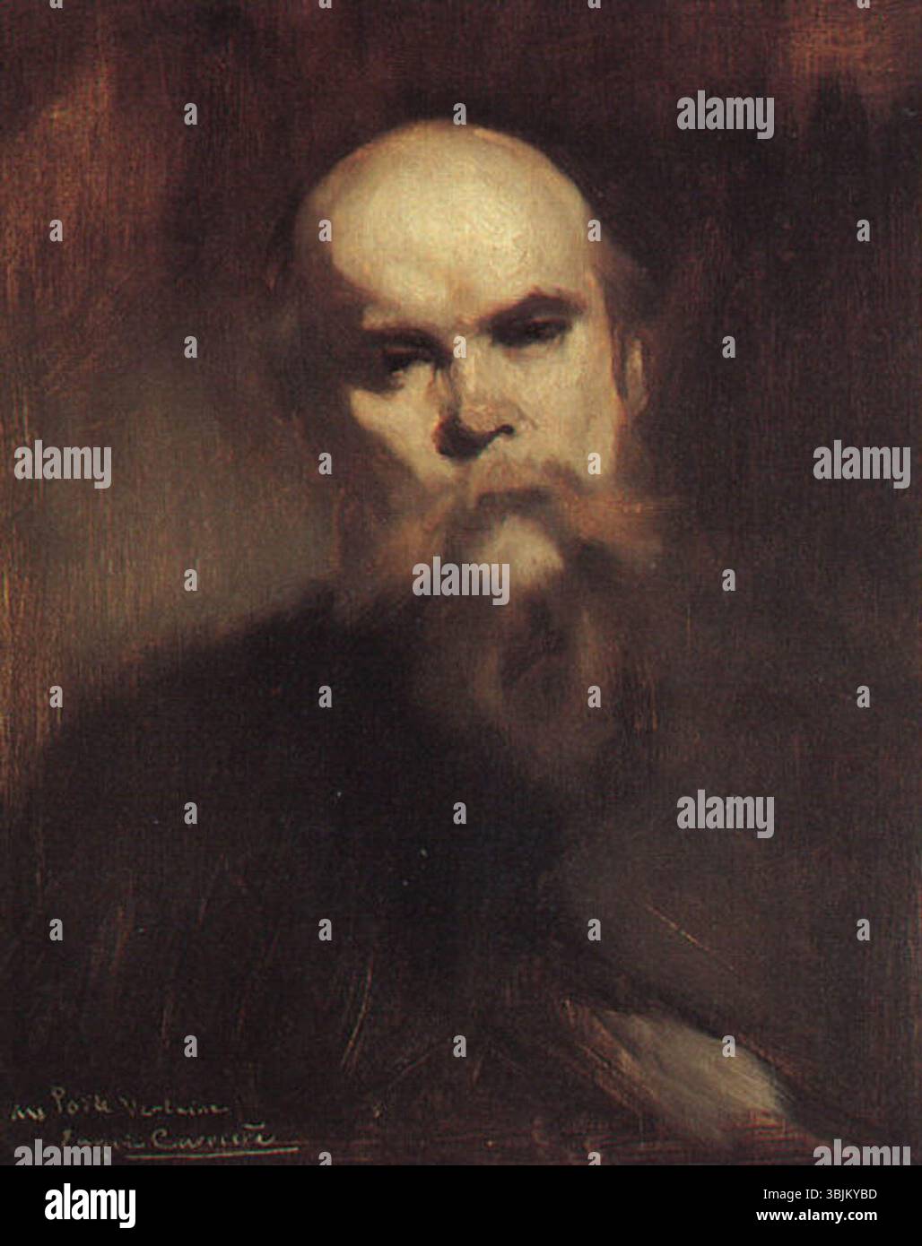 Eugène Carrières 1890 gemaltes Porträt des Dichters Paul Verlaine fängt Verlaines introspektive Natur ein. Die sanften Pinselarbeiten und gedämpften Töne spiegeln Carrières Stil und Verlaines zarte Persönlichkeit wider. Stockfoto