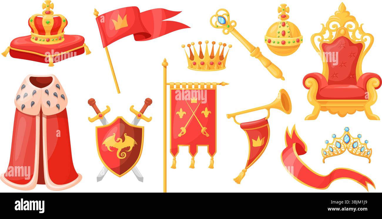 Monarchie-Attribute. König oder Königin Krönungsstab, goldene Krone Zepter Kugel königlicher Thron Zeremonialkissen Königsrobe Fantarie Luxus Gold Preis Cartoon ordentliche Vektor Illustration Original Kunstwerk Stock Vektor