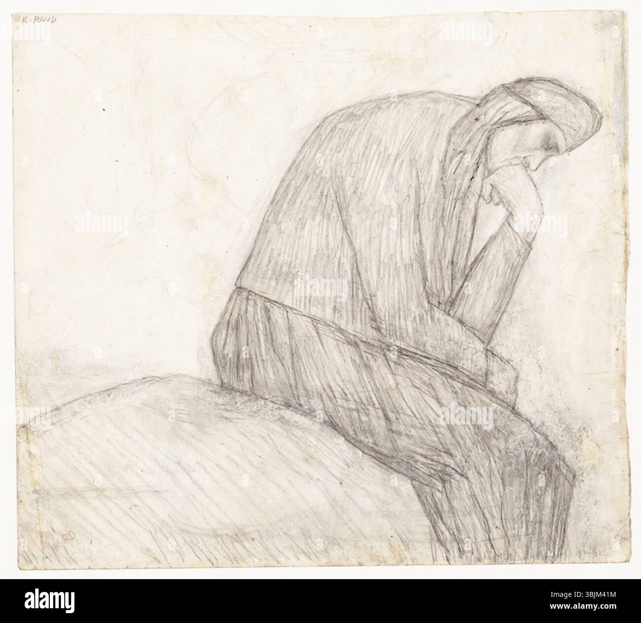 Kristjan Rauds „Mures“ (Sorgen) ist ein Gemälde auf Papier mit Gouache und Bleistift, das die inneren emotionalen Kämpfe einer Figur darstellt. Das Kunstwerk zeigt einen psychologischen Ausdruck durch seine detaillierten Pinselarbeiten und düsteren Töne. Stockfoto