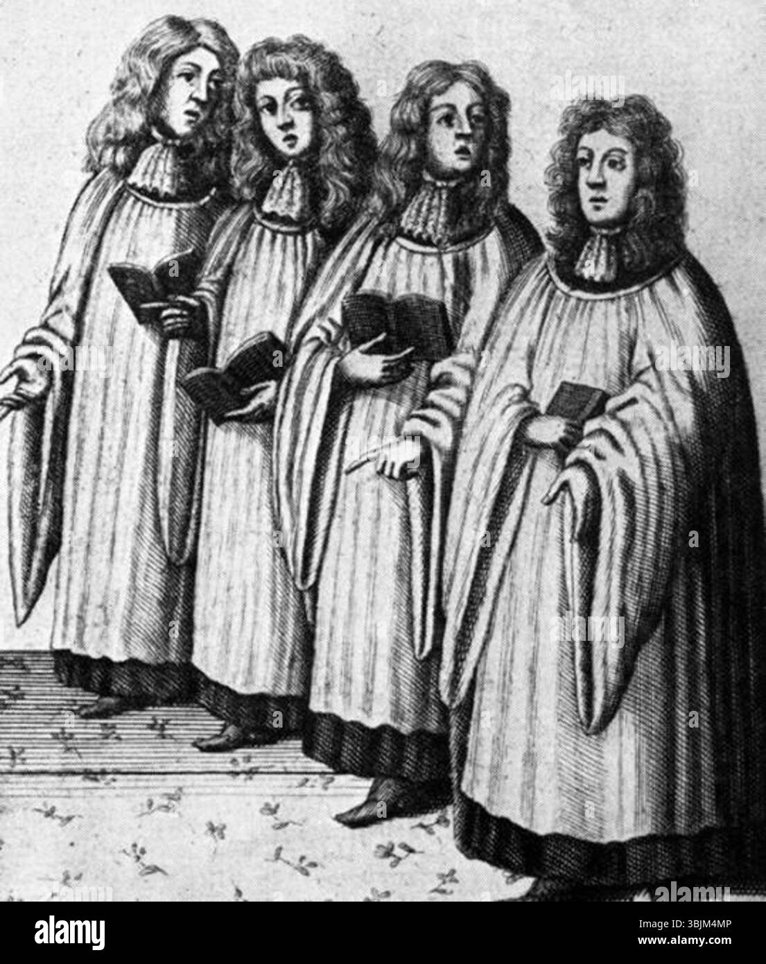 William Sherwins Kupferstich zeigt vier Mitglieder des Westminster Abbey Chors während der Krönung von König Jakob II. Und Maria von Modena im Jahr 1685. Die detailreiche Gravur fängt die Festlichkeit und die Pracht der Prozession ein, wobei der Schwerpunkt auf der zeremoniellen Rolle des Chors liegt. Stockfoto