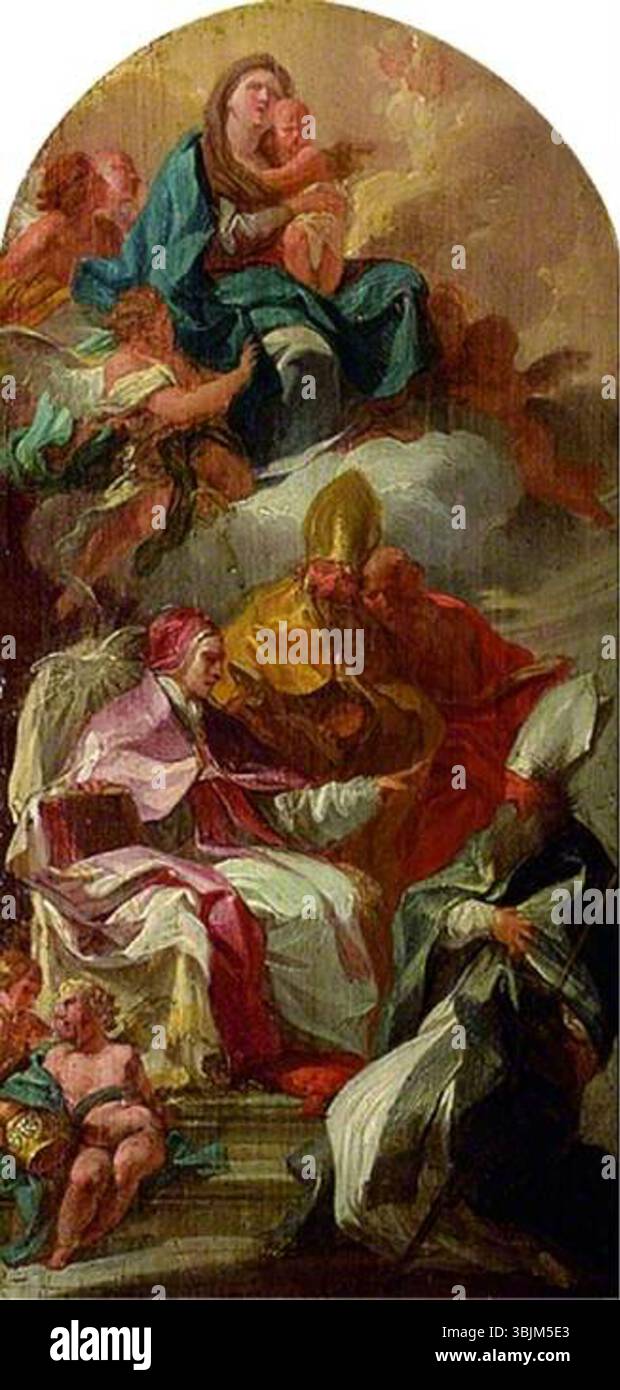 Conca, Sebastiano; die Jungfrau und das Kind in Ruhm und die vier lateinischen Kirchenväter; das Fitzwilliam Museum; http://www.artuk.org/artworks/the-virgin-and-child-in-glory-and-the-four-latin-fathers-of-the-church-5097 Stockfoto
