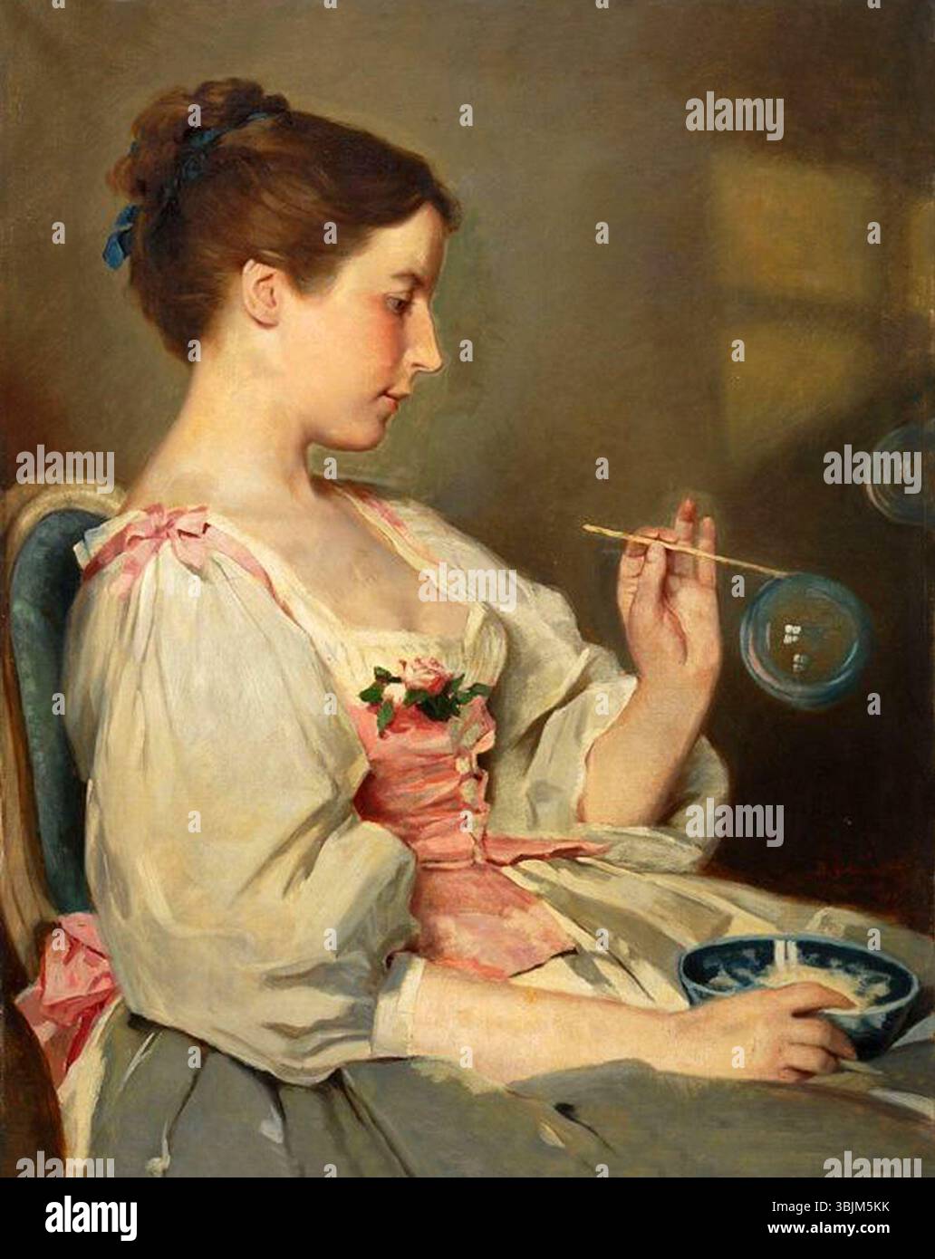 *Junge Frau mit Seifenblasen* von Bernhard Zickendraht, gemalt 1881, zeigt eine junge Frau, die mit Seifenblasen spielt. Das Gemälde fängt die Freude und Unschuld der Jugend ein, wobei die zarten Bläschen im Kontrast zum weichen, natürlichen Licht stehen. Stockfoto