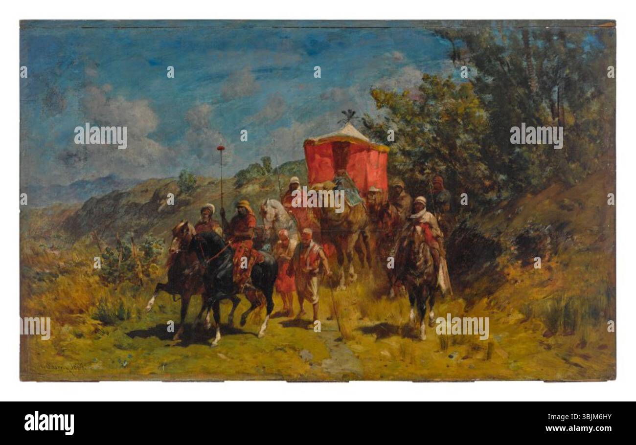 „An Arab Caravan“ von Alberto Pasini (1826–1899) ist ein Ölgemälde auf Leinwand, das eine Karawane durch die Wüste darstellt. Das Gemälde fängt die Bewegung von Kamelen und Figuren ein und erinnert an die Kultur und Landschaft der arabischen Welt. Stockfoto