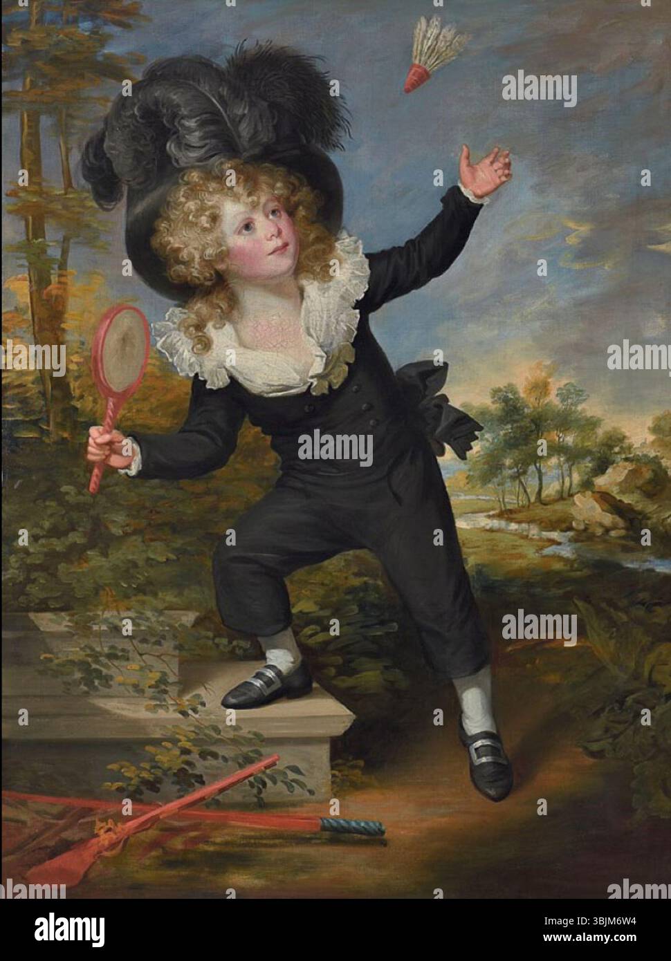 Dieses um 1790 entstandene Öl-auf-Leinwand-Porträt von William Beechey zeigt Kenneth Dixon, der Badminton spielt. Das Gemälde misst 135 x 100 cm und spiegelt britische Porträts aus dem späten 18. Jahrhundert wider. Stockfoto