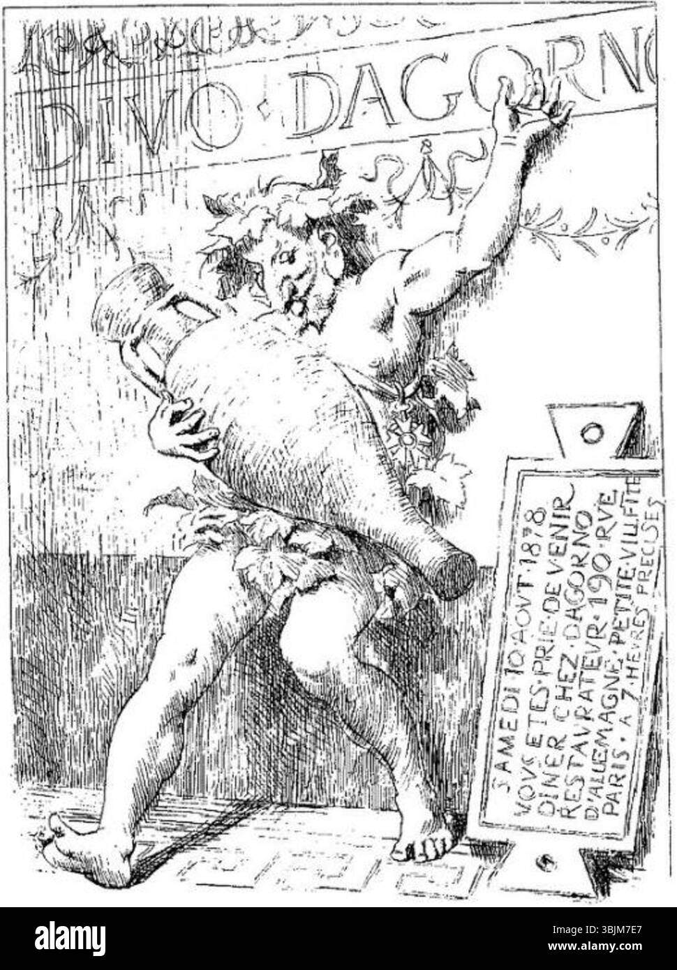 Diese Einladungskarte von Joseph Blanc aus dem Jahr 1878 lädt die Gäste zu einem Dinner-Event im Dagorno's Restaurant in Paris ein und zeigt die kulturellen und sozialen Zusammenhänge der damaligen Zeit. Die Einladung spiegelt einen Moment in der französischen republikanischen Gesellschaft wider. Stockfoto