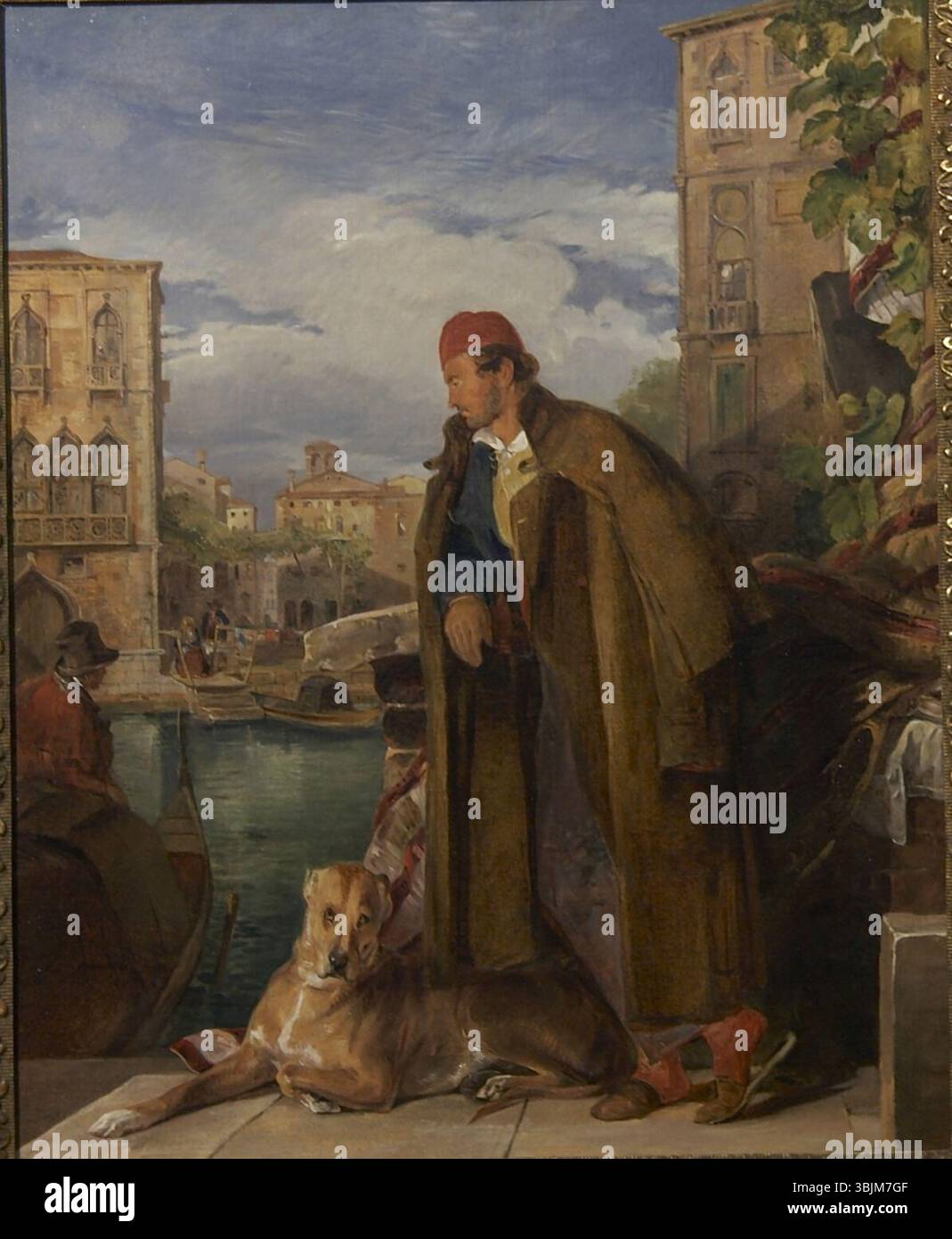 John Frederick Lewis' 'A Gondolier, Venice' aus der Zeit um 1835 zeigt einen venezianischen Gondoliere in traditioneller Kleidung, der durch die berühmten Kanäle fährt. Das Ölgemälde fängt die Schönheit Venedigs mit seiner unverwechselbaren Architektur und den Wasserstraßen ein. Stockfoto
