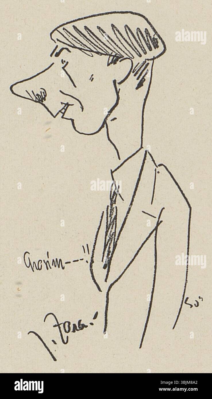 Ivan Sors’ Karikatur des tschechischen Tontechnikers Josef Zora aus dem Jahr 1932 erscheint im Buch *Panoptikum s. filmu od et do A*. Die Zeichnung zeigt auf humorvolle Weise Zoras Charakter und unterstreicht seine Rolle in der tschechischen Filmindustrie. Stockfoto
