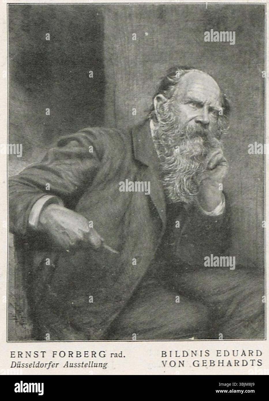 Ernst Forbergs um 1902 entstandenes Porträt von Eduard von Gebhardt ist eine Radierung, die die feinen Details des Gesichts und der Persönlichkeit des Subjekts einfängt. Das Werk zeigt Forbergs Fertigkeit in der Druckerei und Porträtkunst. Stockfoto
