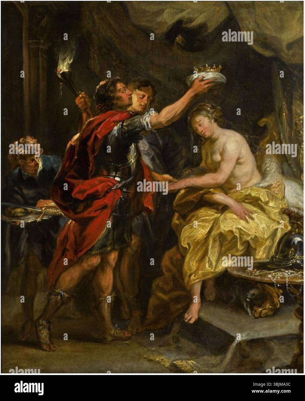 Ölgemälde von Jan Boeckhorst aus den 1600er Jahren, in der Alexander der große eine Krone auf Roxana platziert und einen klassischen historischen Moment festgehalten hat. Stockfoto