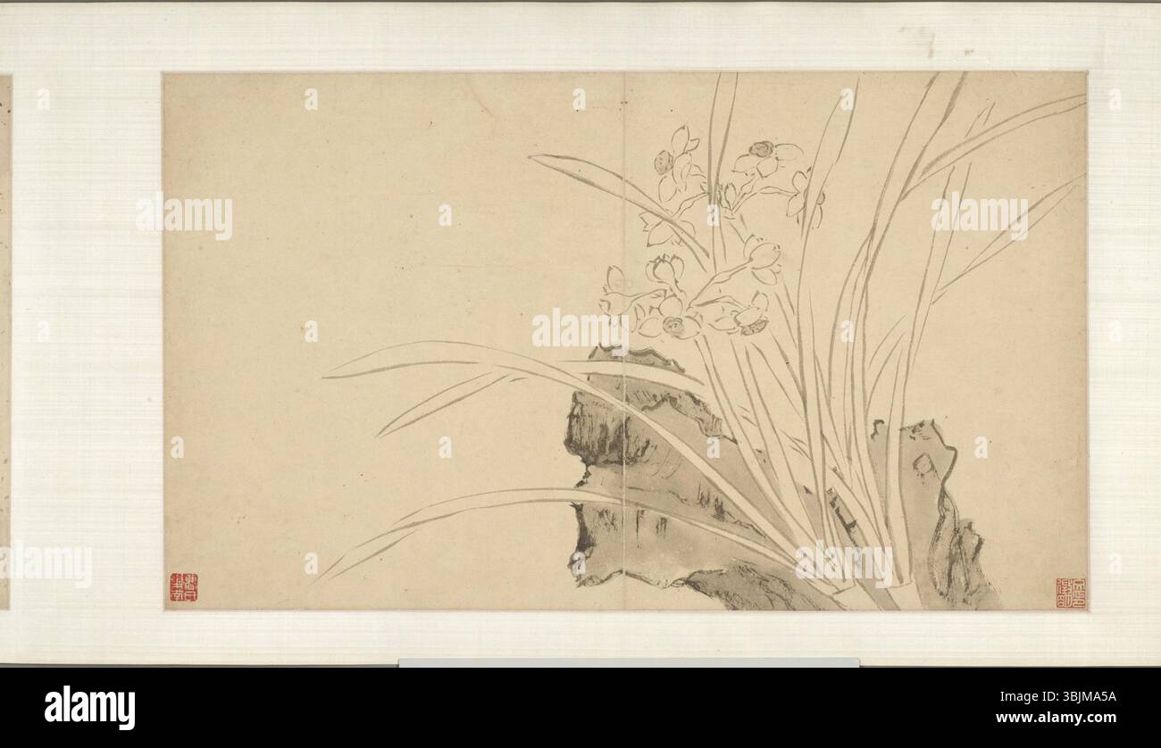 Wen Zhengming (1470–1559) malte 1558 Blumen, Landschaften und Gedichte. Dieses Kunstwerk kombiniert botanische und landschaftliche Bilder mit kalligraphischer Poesie und repräsentiert die Integration von Natur und literarischem Ausdruck in die chinesische Kunst. Stockfoto