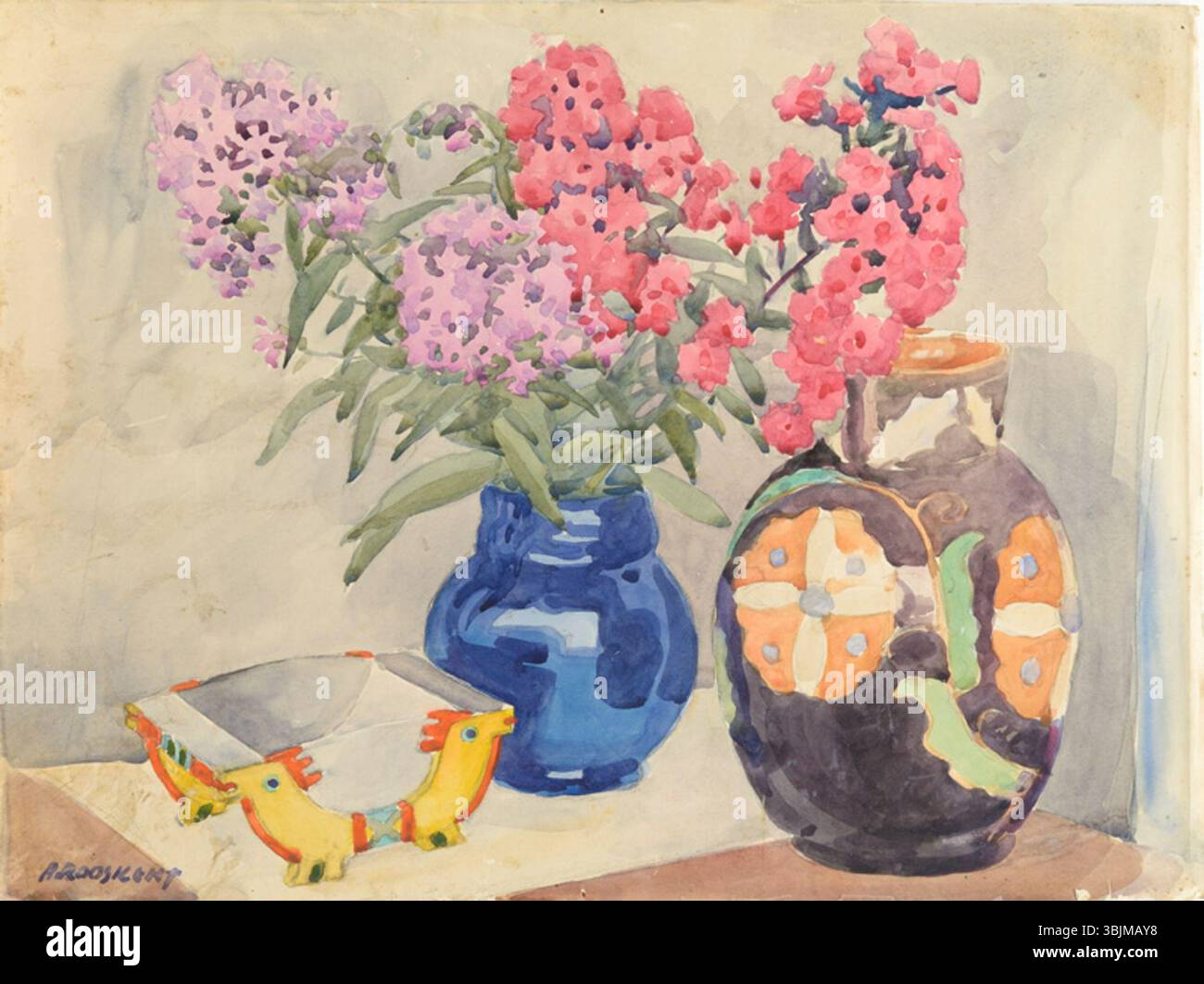 *Natüürmort kahe vaasiga* (Stillleben mit zwei Vasen) von August Roosileht ist ein Aquarellbild auf Papier, das zwei Vasen zeigt. Das Werk fängt die zarte Natur des Stilllebens durch sorgfältige Aufmerksamkeit auf Farbe, Form und Textur ein. Stockfoto