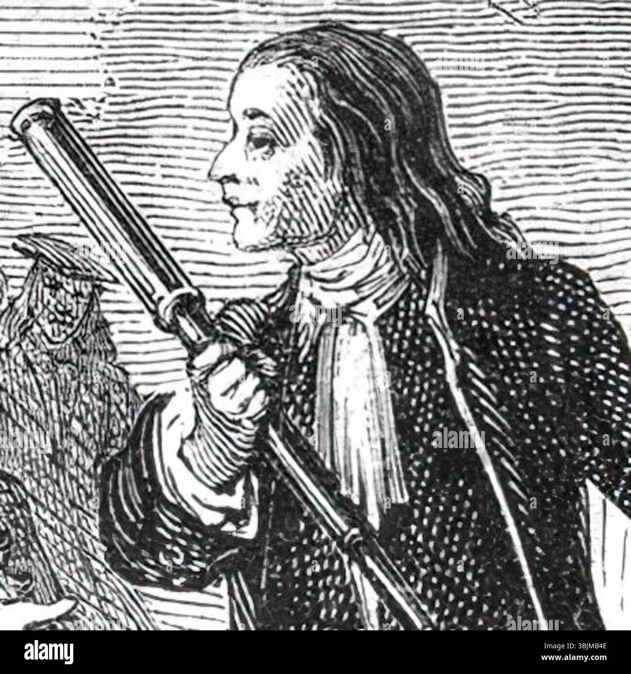 Der Holzschnitt von Emile Deschamps zeigt den französischen Physiker und Erfinder Guillaume Amontons, der 1690 seinen optischen Telegraphen in den Jardin du Luxembourg in Paris demonstriert. Amontons ist bekannt für seine Studien über Reibung und seine optischen Erfindungen. Stockfoto